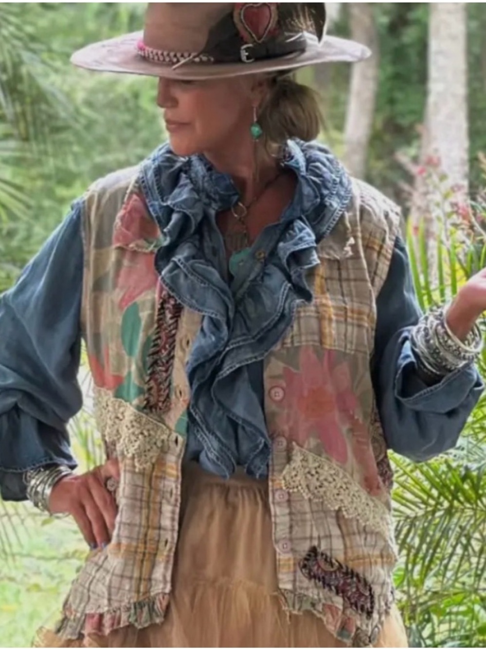 A Rare Bird Falling Petals Boho Lace Plaid Vintage Vest